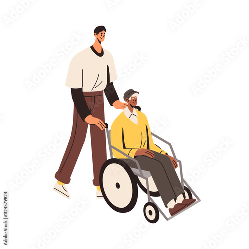 Social worker assisting disabled senior in wheelchair. Nurse does elderly care. Volunteer caregiver helps, aids to old person in wheel chair. Flat isolated vector illustration on white background