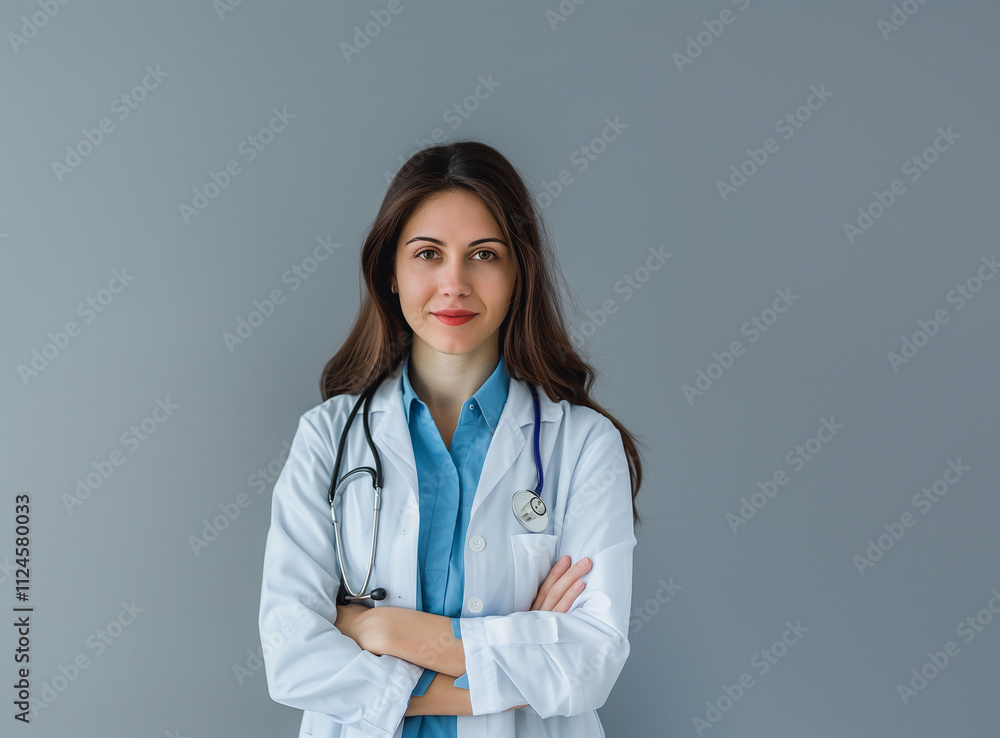 Friendly Female Doctor With Arms Crossed Against Light Blue Background Friendly Female Doctor With Arms Crossed Against Light Blue Background