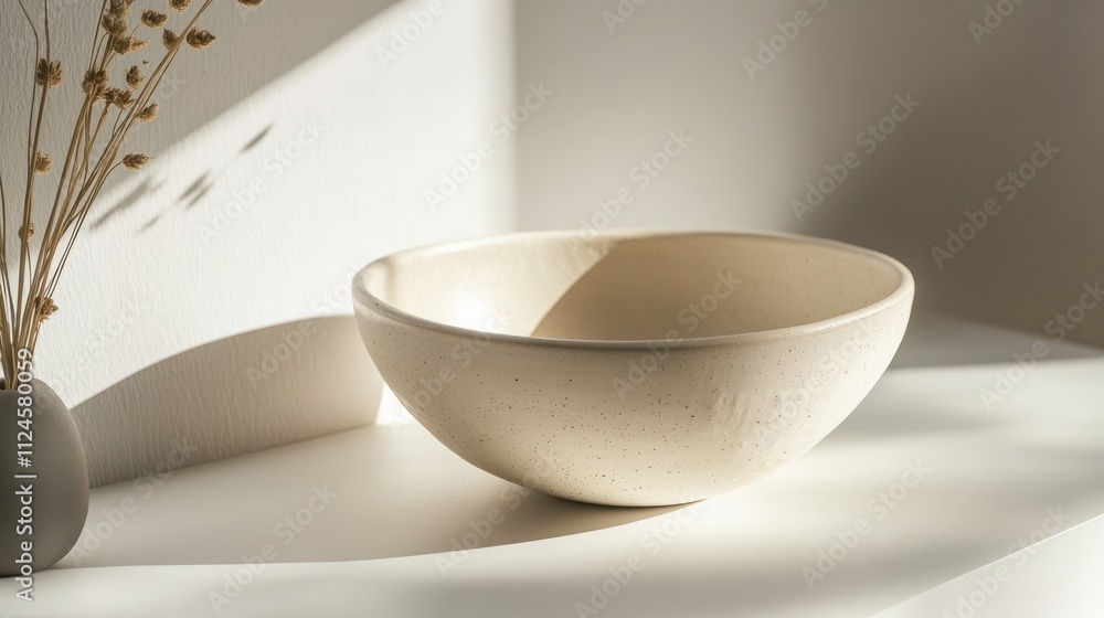 A minimalistic ceramic bowl rests on a light surface, complemented by delicate dried flowers, capturing serene, natural aesthetics. A minimalistic ceramic bowl rests on a light surface, complemented by delicate dried flowers, capturing serene, natural aesthetics.