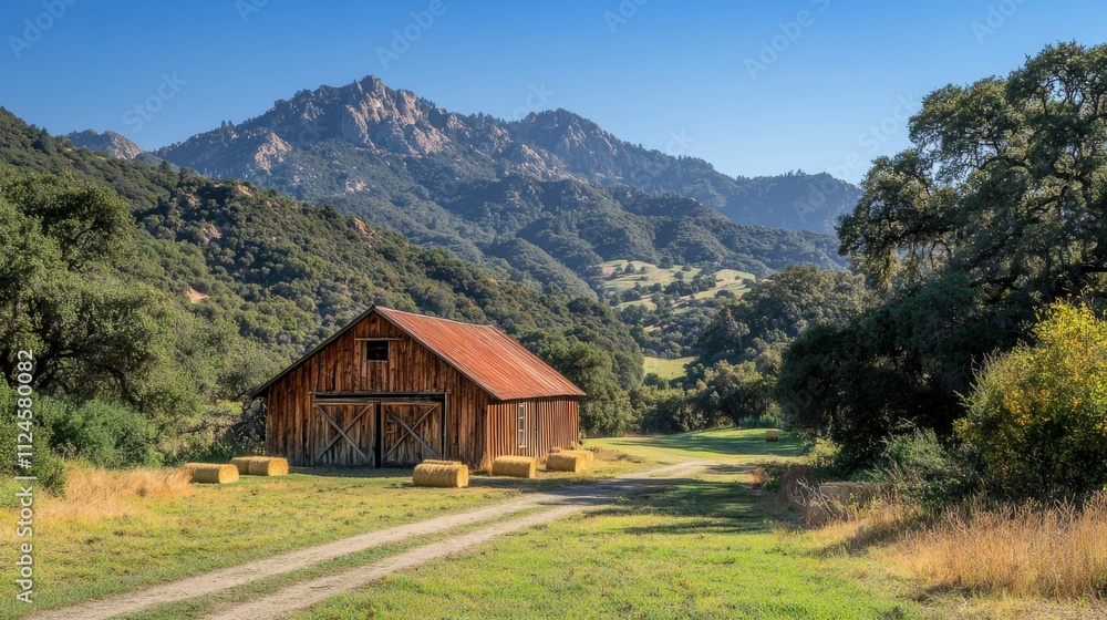 A scenic view of a rustic wooden barn surrounded by lush green fields and mountains in the background under a clear blue sky. A scenic view of a rustic wooden barn surrounded by lush green fields and mountains in the background under a clear blue sky.