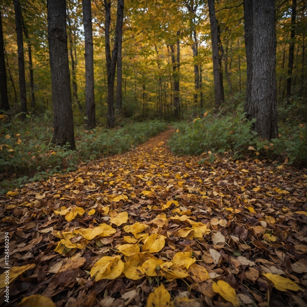 Autumn leaves falling around a sunflower patch in a scenic woodland trail. Autumn leaves falling around a sunflower patch in a scenic woodland trail.