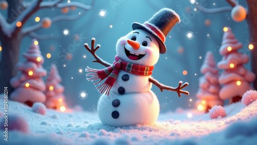 Lucky cartoon snowman in a top hat and scarf dancing in a magical winter forest night 