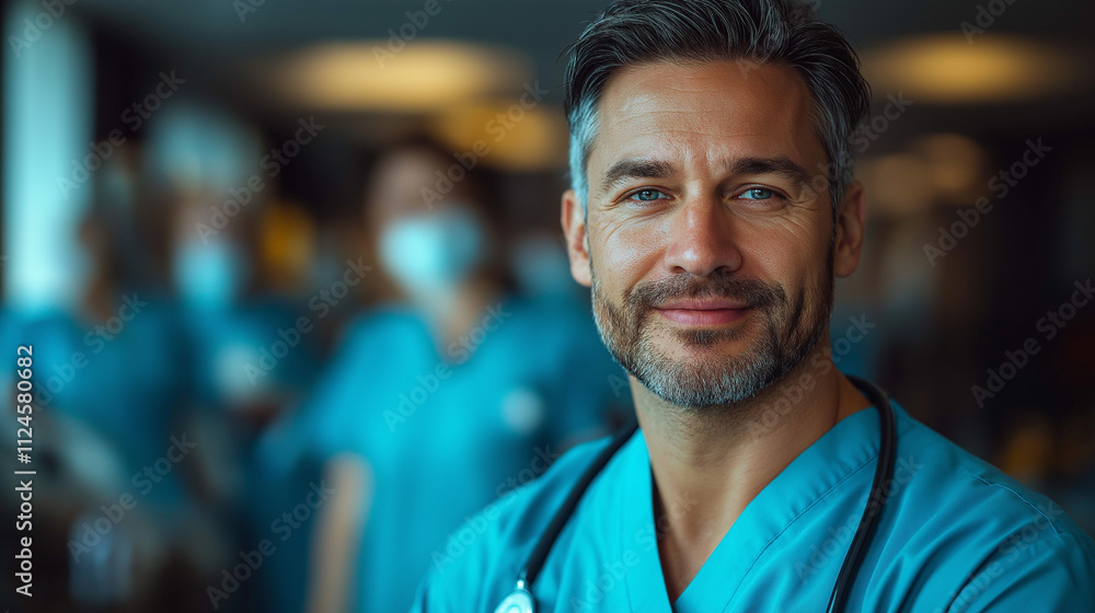 Confident doctor with stethoscope standing in modern hospital. Portrait of male healthcare professional wearing white coat looking at camera. Medical expertise, trust, and healthcare concept Confident doctor with stethoscope standing in modern hospital. Portrait of male healthcare professional wearing white coat looking at camera. Medical expertise, trust, and healthcare concept