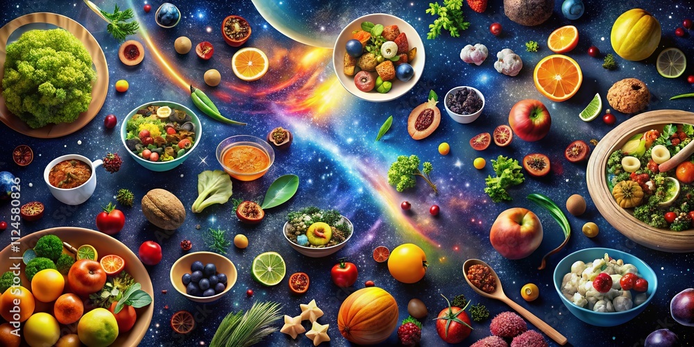 Abstract Space Background Concept Featuring Culinary Delights: A Unique Fusion of Food and Cosmic Elements with Colorful Ingredients on an Ethereal Backdrop Abstract Space Background Concept Featuring Culinary Delights: A Unique Fusion of Food and Cosmic Elements with Colorful Ingredients on an Ethereal Backdrop