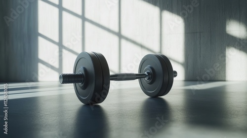 A sleek dumbbell rests on a smooth surface, illuminated by natural light streaming through windows, creating a serene gym atmosphere.