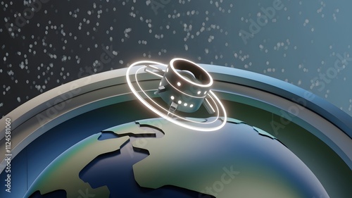 Fototapeta Naklejka Na Ścianę i Meble -  3D render of glowing minimalist space station with abstract Earth