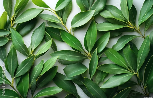 Fresh Green Olive Leaves Close-Up Artistic Arrangement on White Background