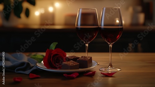 Two glasses of red wine, with a plate of dark chocolates and a single red rose photo