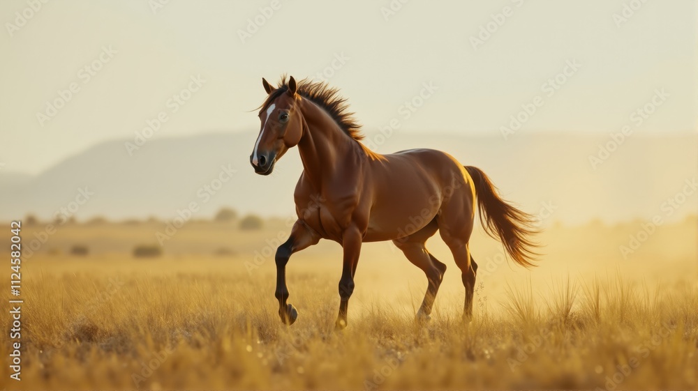 Brown horse running on a dry meadow during golden hour Brown horse running on a dry meadow during golden hour