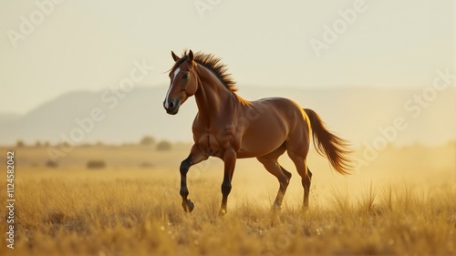 Brown horse running on a dry meadow during golden hour