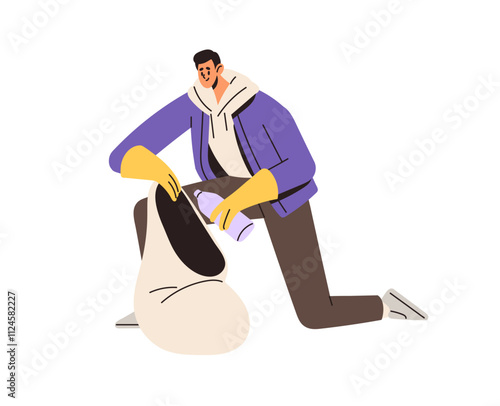 Volunteer picking plastic bottle into litter bag. Janitor cleaning, collects trash, waste, junk for recycle. Eco activist cares about ecology, environment. Flat isolated vector illustration on white