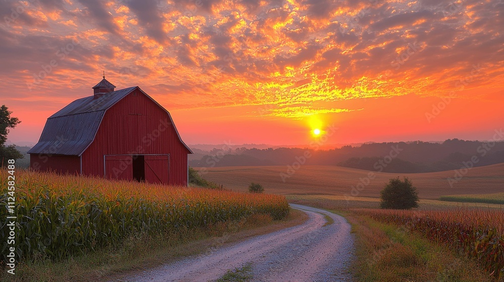 A serene sunset illuminates a red barn amidst golden cornfields, with a gravel road leading into the picturesque landscape. A serene sunset illuminates a red barn amidst golden cornfields, with a gravel road leading into the picturesque landscape.