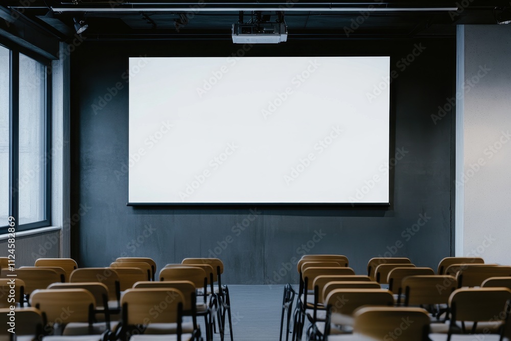 Conference room setup with empty chairs and blank screen ready for presentation in modern building Conference room setup with empty chairs and blank screen ready for presentation in modern building