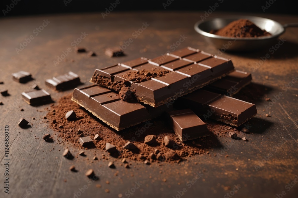 Broken dark chocolate bar and cocoa powder on a brown table. Copy space. Broken dark chocolate bar and cocoa powder on a brown table. Copy space.