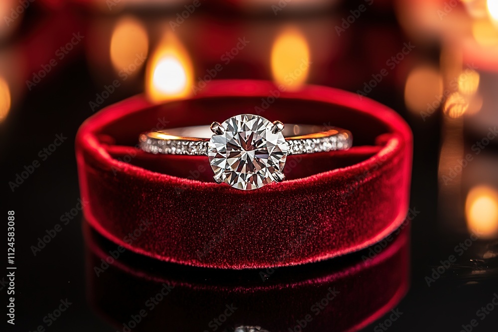 sparkling diamond ring resting in red velvet box sits on reflective black surface surrounded by candlelight copy space sparkling diamond ring resting in red velvet box sits on reflective black surface surrounded by candlelight copy space