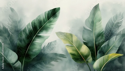 Watercolor Tropical Leaves Art Painting in Gray Background for Interior Decoration