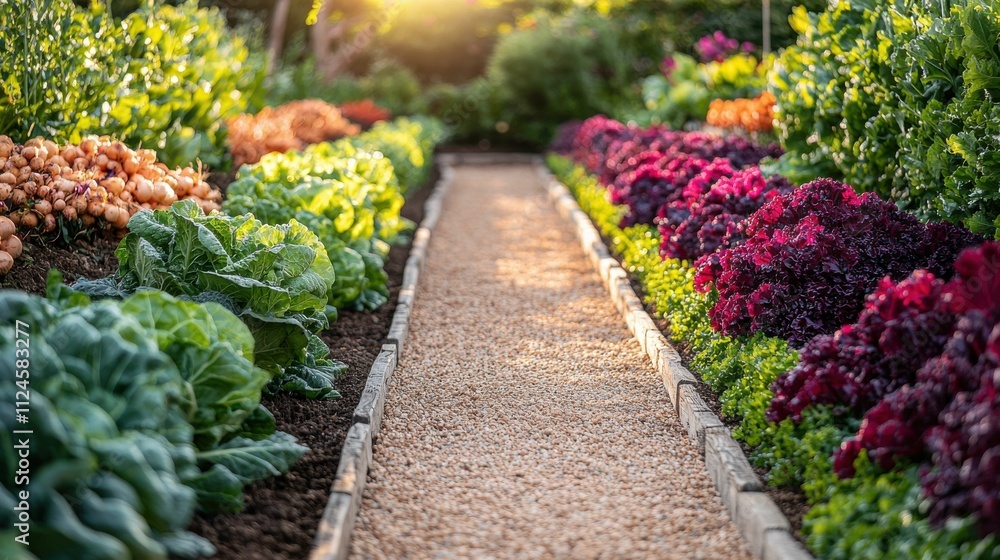 A vibrant vegetable garden showcasing a variety of colorful plants, with a gravel pathway leading through the lush greenery and flowers. A vibrant vegetable garden showcasing a variety of colorful plants, with a gravel pathway leading through the lush greenery and flowers.