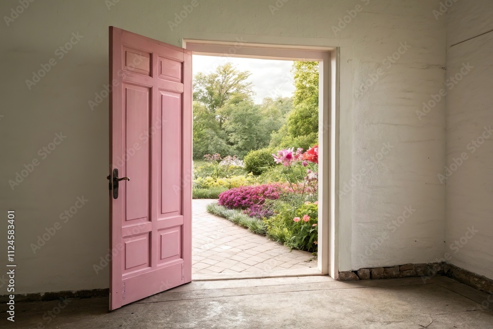Fototapeta premium Open pink door leading to flower garden with gentle morning light
