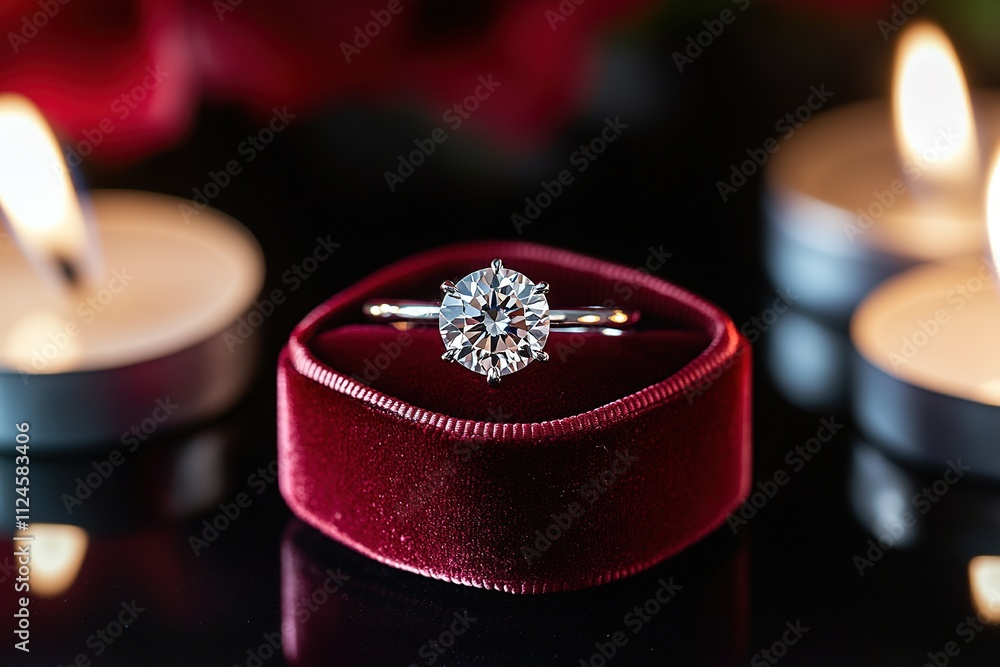 sparkling diamond ring resting in red velvet box sits on reflective black surface surrounded by candlelight copy space sparkling diamond ring resting in red velvet box sits on reflective black surface surrounded by candlelight copy space