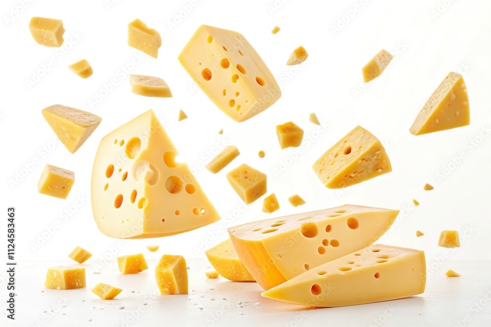Flying cheese cubes on white background Flying cheese cubes on white background