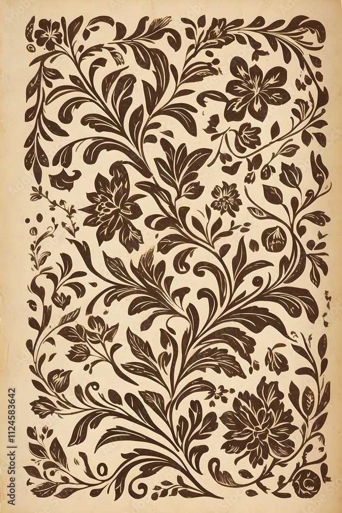 Design - altes vergilbtes Papier mit in Tusche gezeichneten Blüten und Blättern Design - altes vergilbtes Papier mit in Tusche gezeichneten Blüten und Blättern