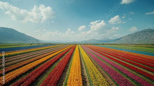 A stunning view of colorful tulip fields under a bright sky, showcasing rows of tulips in various colors, surrounded by mountains.