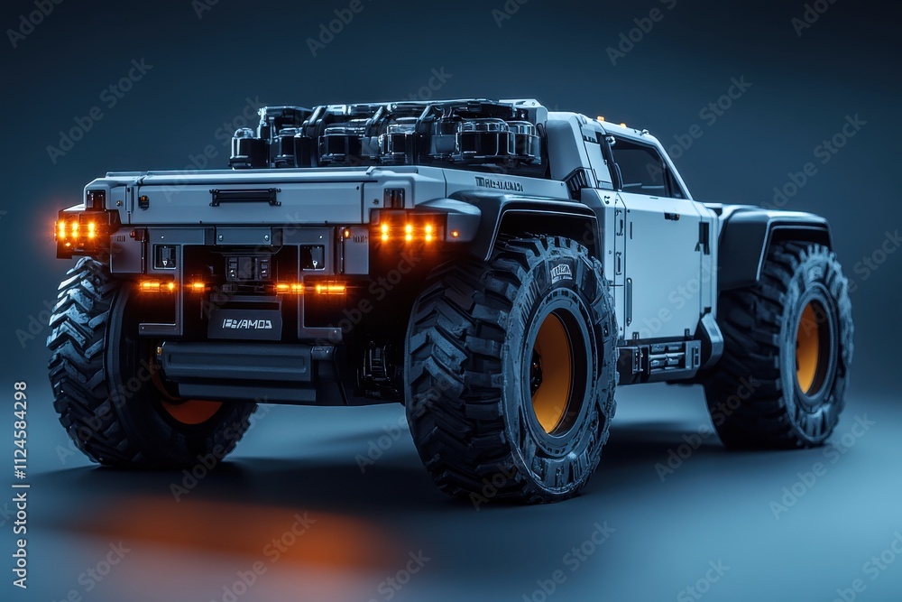 A detailed, futuristic off-road vehicle showcasing advanced design and rugged features. A detailed, futuristic off-road vehicle showcasing advanced design and rugged features.
