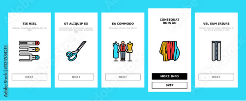 dressmaking fashion sewing style onboarding mobile vector couture tailor, hemline seamstress, silhouette textile, embroidery, draping, pleats dressmaking fashion sewing style illustrations