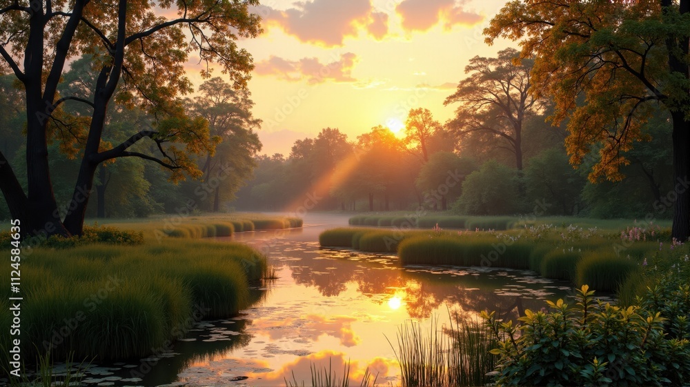 Golden sunrise illuminating calm river through lush green forest Golden sunrise illuminating calm river through lush green forest