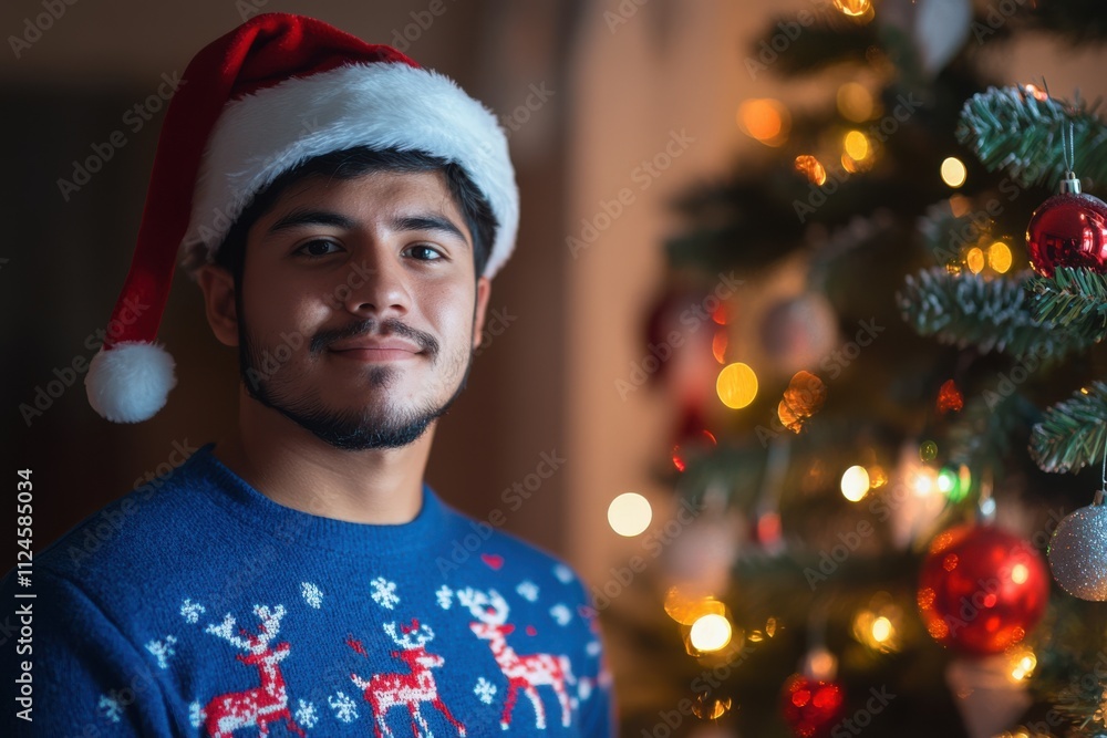Portrait of a Latino man with short black hair, dressed in a blue Christmas jumper with reindeer and a Santa hat, standing next to a Christmas tree glowing with twinkling lights, soft lighting, copy Portrait of a Latino man with short black hair, dressed in a blue Christmas jumper with reindeer and a Santa hat, standing next to a Christmas tree glowing with twinkling lights, soft lighting, copy