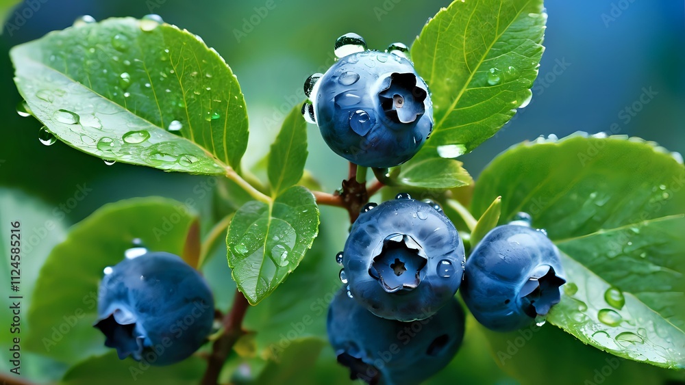 Fresh blueberries and green leaves on branch with water droplets glistening Fresh blueberries and green leaves on branch with water droplets glistening