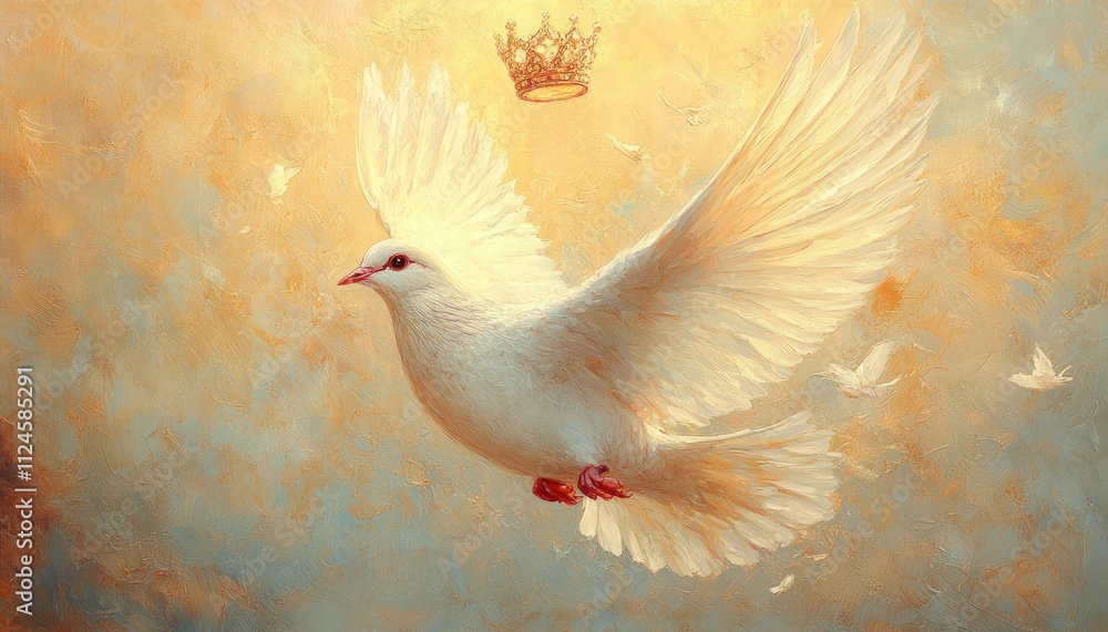 Fototapeta premium Dove in Flight with Crown and Cross Watercolor Illustration, Christian Symbols of Faith and Holy Spirit