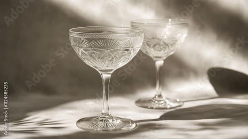 Vintage glass coupe with intricate etched design. Luxurious ambiance photo