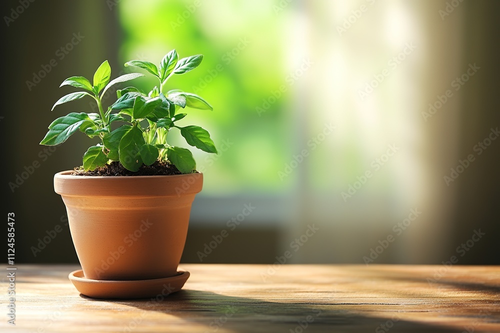 Sunlit potted plant on wooden table, growth, freshness, nature indoors Sunlit potted plant on wooden table, growth, freshness, nature indoors