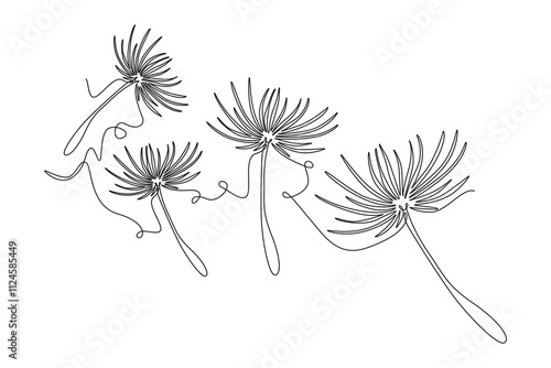 Continuous one line drawing beauty fresh taraxacum for home art wall decor poster. Printable decorative dandelion flower for greeting card ornament. Single line draw design vector graphic illustration