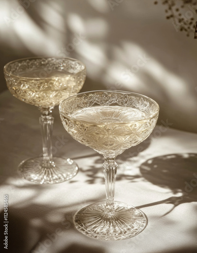 Vintage glass coupe with intricate etched design. Luxurious ambiance photo