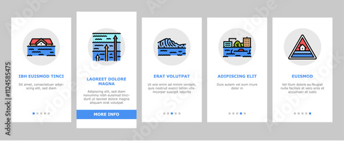 flood water disaster rain onboarding mobile vector river storm, surge inundation, overflow deluge, emergency evacuation, rescue, damage flood water disaster rain illustrations