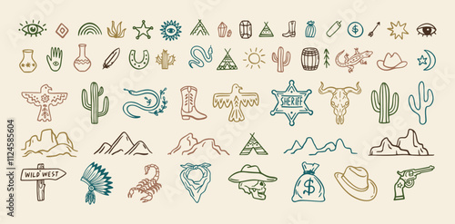 Wild west cowboy doodle icon set. Hand drawn boho signs collection. Aztec southwestern elements set.