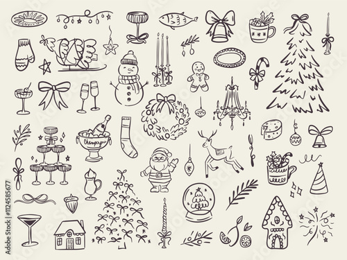 Set of whimsical hand-drawnchristmas food and drink illustration in trendy vintage style. Perfect for quirky new year holiday, dinner and bar menu, bachelorette party, birthday invitation, sign