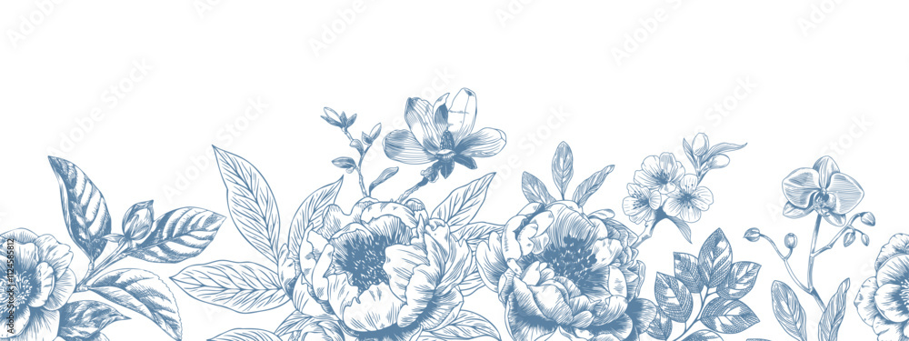 Botanical blue wedding seamless borer with flower on white background. Hand drawn floral, flower and leaf branch in toile de jouy style. Line art for wedding invitation, greeting birthday cards