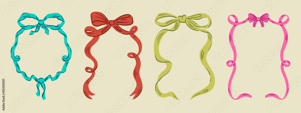 Set of elegant whimsical hand-drawn pink blue orange green color frames with wavy squiggle curly ribbons in trendy, vintage styles. Perfect for quirky holiday, wedding, birthday gift decorations Set of elegant whimsical hand-drawn pink blue orange green color frames with wavy squiggle curly ribbons in trendy, vintage styles. Perfect for quirky holiday, wedding, birthday gift decorations