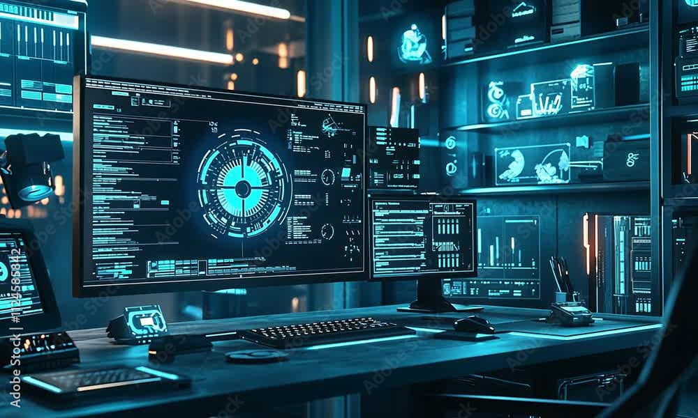 Futuristic Hacker's Workstation with Multiple Monitors Displaying Data and Code Futuristic Hacker's Workstation with Multiple Monitors Displaying Data and Code