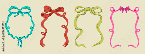 Set of elegant whimsical hand-drawn pink blue orange green color frames with wavy squiggle curly ribbons in trendy, vintage styles. Perfect for quirky holiday, wedding, birthday gift decorations