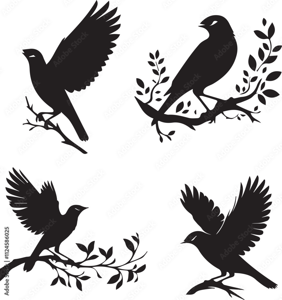 Obraz premium Bird Silhouettes on Branches - Adobe Stock Vector Illustration