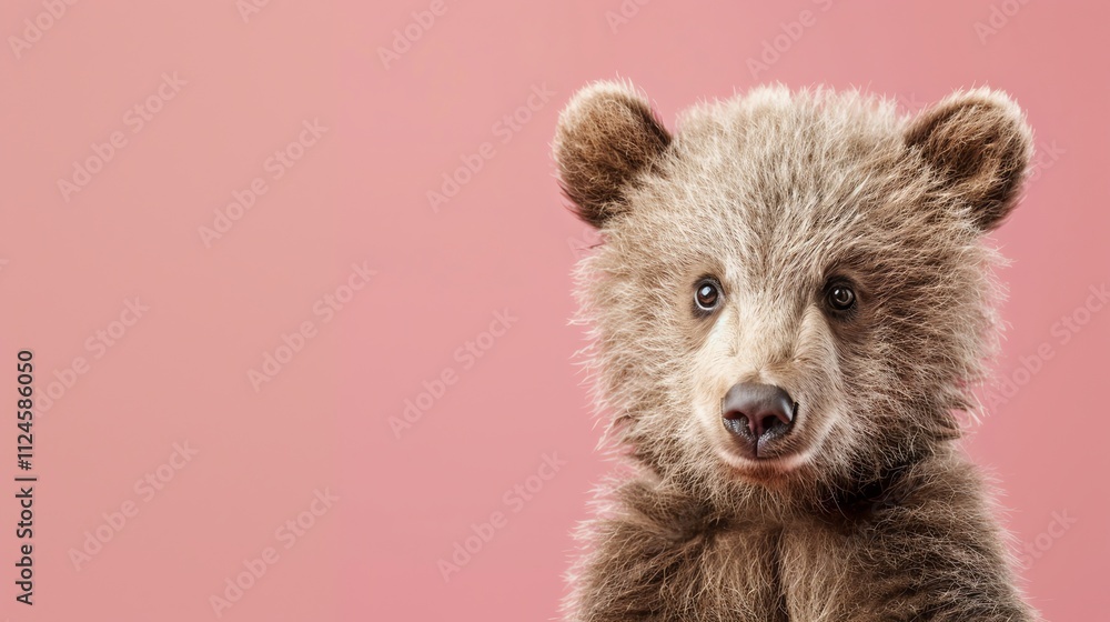 Fototapeta premium A baby brown bear looking directly at the camera with big, curious eyes.