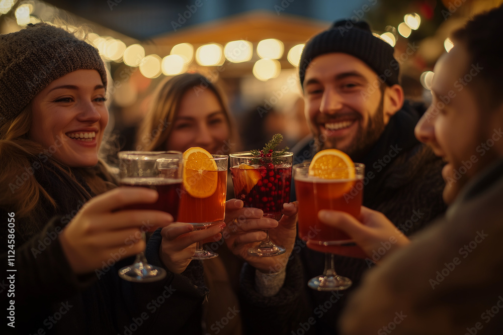 A group of friends cheers with festive mulled wine and cocktails at a Christmas market, surrounded by warm lights and cozy vibes. Smiling faces enjoying a joyful winter evening A group of friends cheers with festive mulled wine and cocktails at a Christmas market, surrounded by warm lights and cozy vibes. Smiling faces enjoying a joyful winter evening