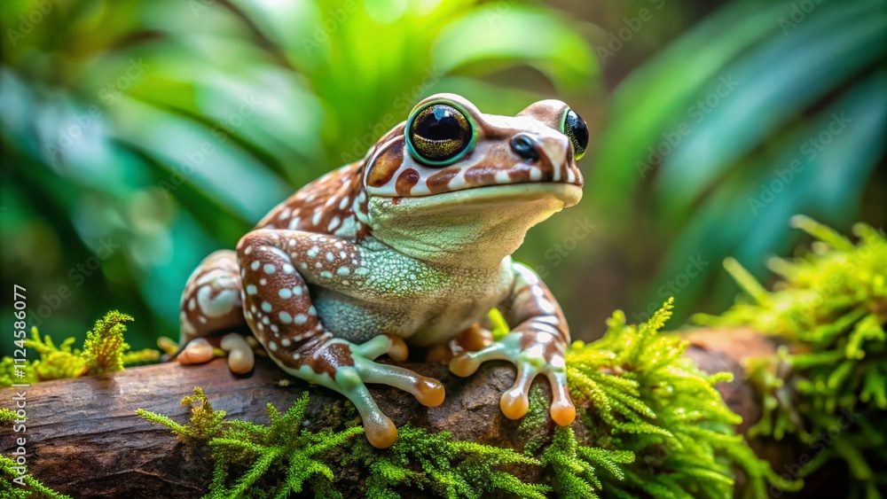 A Captivating Amazon Milk Frog on a Branch Surrounded by Lush Greenery in Tilt-Shift Photography Style, Showcasing Its Unique White and Brown Spotted Patterns A Captivating Amazon Milk Frog on a Branch Surrounded by Lush Greenery in Tilt-Shift Photography Style, Showcasing Its Unique White and Brown Spotted Patterns