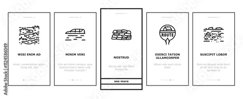 flood water disaster rain onboarding mobile vector river storm, surge inundation, overflow deluge, emergency evacuation, rescue, damage flood water disaster rain illustrations