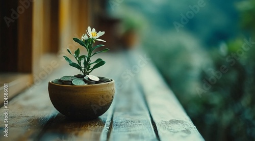 Creative visualization of financial success through a plant and coins