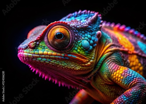 A Captivating Chameleon Bathed in Neon Lights Against a Dark Backdrop, Showcasing the Beauty of Tilt-Shift Photography and Its Vibrant Color Palette